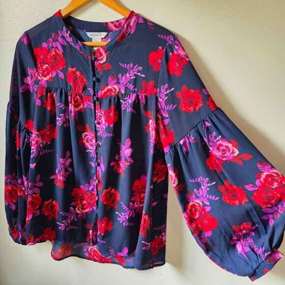 EUC LIKE NEW OPHELIA ROE FLORAL BUTTON DOWN PUFFED LONGSLEEVES TOP SIZE SMALL - Picture 1 of 16